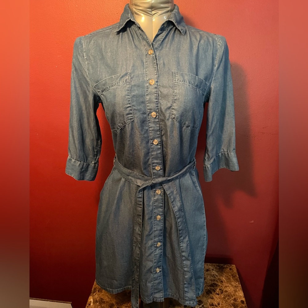 BLUE RAIN XXS Blue Button Up 3/4 Sleeve Pockets Tie Waist Knee Length Soft Dress